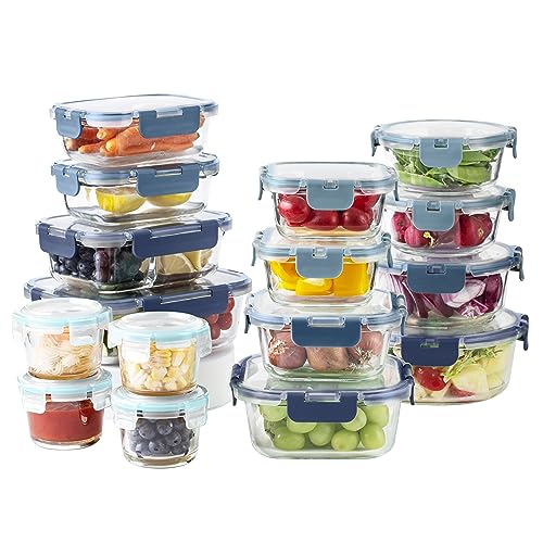 Premium 32 Pc. Borosilicate Glass Food Container Set with Dividers (Ombre Blue)