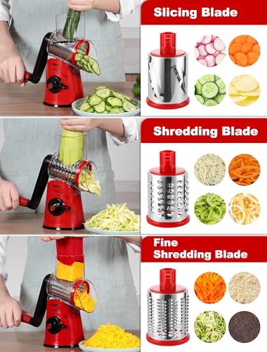 Rotary Cheese Grater Vegetable Shredder With 6 Interchangeable Blades No Slip Suction Base (Red Black / 6 Blades)