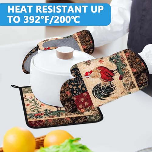 Rustic Rooster Oven Mitts and Pot Holders Sets Heat Resistant 4Pcs Potholders Oven Gloves Hot Pads for Kitchen Baking Cooking Grilling BBQ (Rustic Rooster)