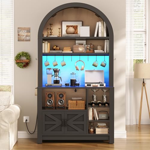 73" Tall Arched Bakers Rack with Power Outlet and LED Light (Black)