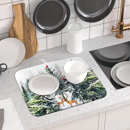 Pine Tree Dish Drying Mat for Kitchen Counter 16x18 Inch Forest Deer Absorbent Dishes Drainer Mats Reversible Microfiber Quick Dry Rack Pad (Pine Tree Deer / 16" x 18")