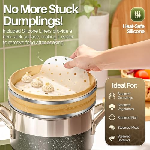 8 Inch Bamboo Steamer Basket Set with Stainless Steel Banding