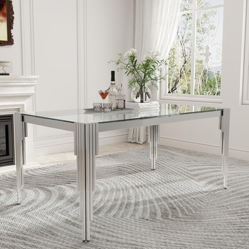 63'' Modern Glass Dining Table for 4 (Silver-clear / Rectangle-62.99" L x 35.43" W x 29.53" H)
