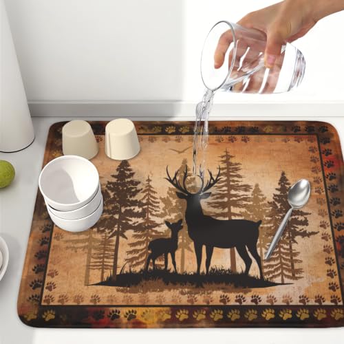 Forest Deer Dish Drying Mat Wildlife Animal Dishes Pad 18"x24" Microfiber Absorbent Fast Dry Drainer Rack Mats for Kitchen Countertop Decor (Forest Deer Brown / 18x24 inch)
