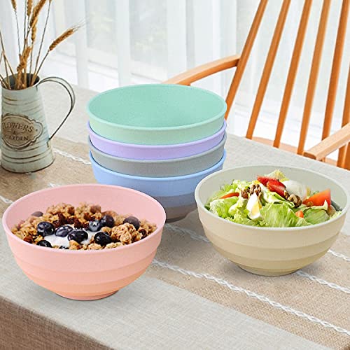 Wheat Straw Bowls Set 60 OZ Unbreakable Large Cereal Bowls Set of 6 Microwave and Dishwasher Safe Bowls Big Bowls for Dorm and Apartment BPA Free Soup Bowl for Serving Oatmeal and Salad Etc… (60 oz / Pink,Blue,Green,Beige,Purple,Grey)