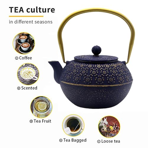 33.8oz Small Cast Iron Tea Kettle for Stovetop (Blue Cherry Blossom Pattern, 1000ml/34oz)