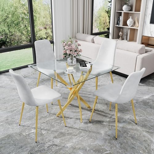 36" Square Glass Dining Table Set for 4 (Gold Square Table/White Velvet Chairs / 5 Pieces)