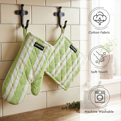 Oven Mitts and Pot Holders Set (Oven Glove + Pot Holder / Franca Lime Stripes)