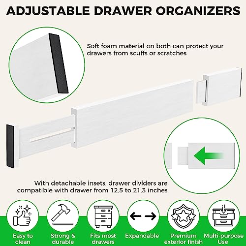4 Pack Bamboo Drawer Dividers Organizer with Inserts 2.6'' High (White / 12.5-21.7 INCH)