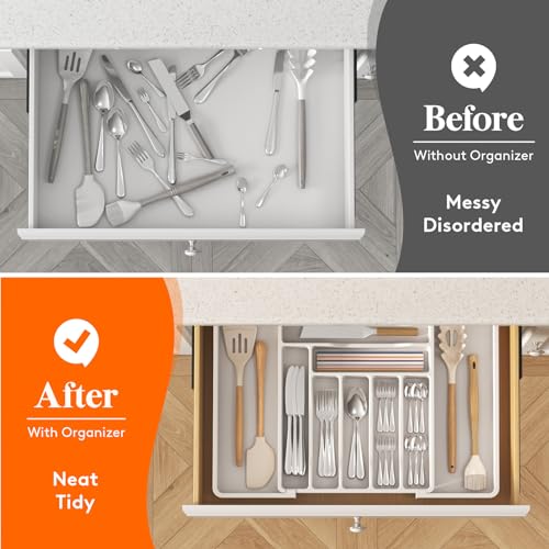 Expandable Silverware Drawer Organizer (White / XL (13-22.4"W × 15"D ))