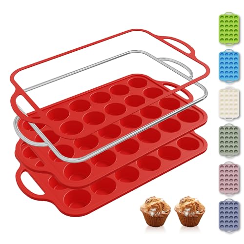 2 Packs 24 Cups Silicone Muffin Pan for Baking with Metal Reinforced Frame Mini Size Cupcake Pan Tray Chocolate Egg Pizza Bites Oven Cookie Mold Muffin Tin Tart Pans Sheet Set Small (2pc: 24-Cup Mini / Red)