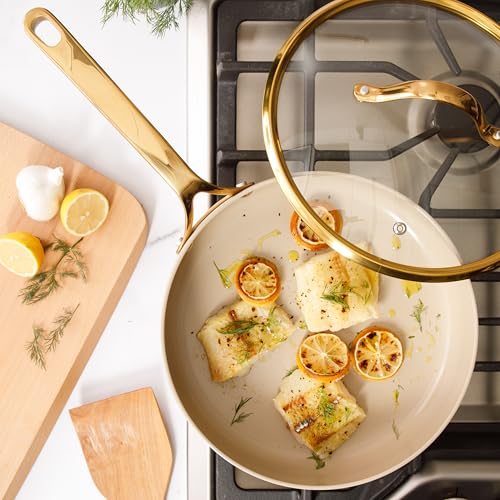 Saute Deep Frying Pan Skillet with Lid (Almond Cream w/ Gold Handle / Deep Fry Pan w/ Lid (10-Inch))