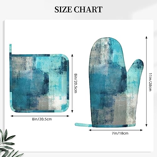 Modern Art Abstract Gery Turquoise Oven Mitts and Pot Holders Sets Silicone Turquoise Kitchen Mitts Potholders Heat Resistant 4Pcs Teal Oven Gloves Hot Pads for Kitchen Baking Cooking BBQ (Teal Abstract)