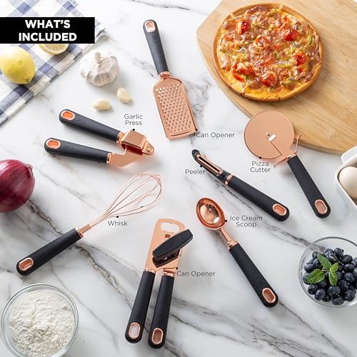 Kitchen Gadget Set Copper Plated Stainless Steel Utensils with Soft Touch Handles (7 Pieces / Copper Black)