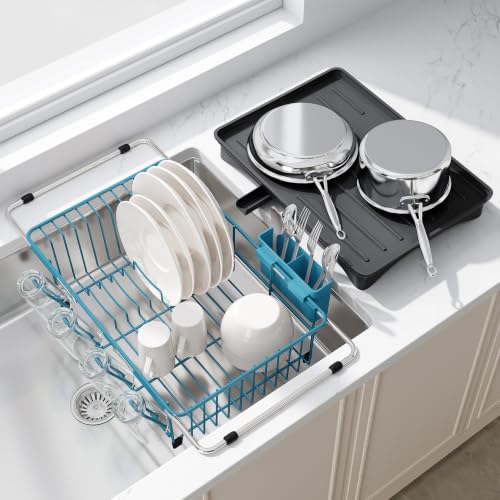 Blue Dish Drying Rack in Sink with Drainboard and Utensil Holder (Blue / For 12"-30"w Sink, with Drainboard)