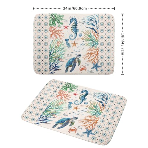 Nautical Coastal Dish Drying Mat Sea Turtle Seahorse Dish Drainer Pad 18"x24" Microfiber Reversible Fast Dry Pad for Kitchen Counter Decor (Coral Turtle / 18" x 24")