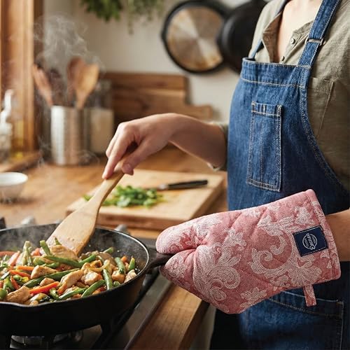 Oven Mitts and Pot Holders Set (Oven Glove + Pot Holder / Floral Red)