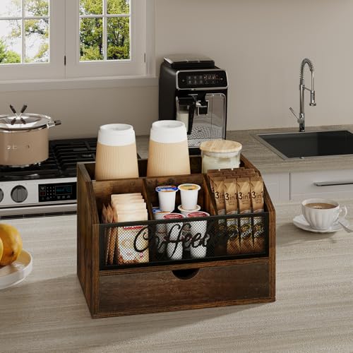 Coffee Station Organizer with Drawer for Countertop (Iron Mesh-Vintage Brown / 2 Tier)
