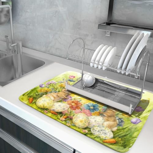 Easter Egg Dish Drying Mat 18x24 Inch Bunny Floral Green Drying Pad for Kitchen Counter Washable (Spring Bunny Green / 24" x 18")