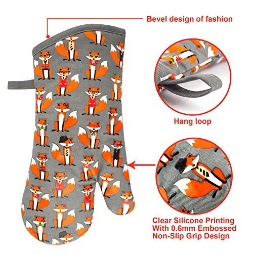 Oven Mitts 1 Pair (Fox, Gray Mittens)