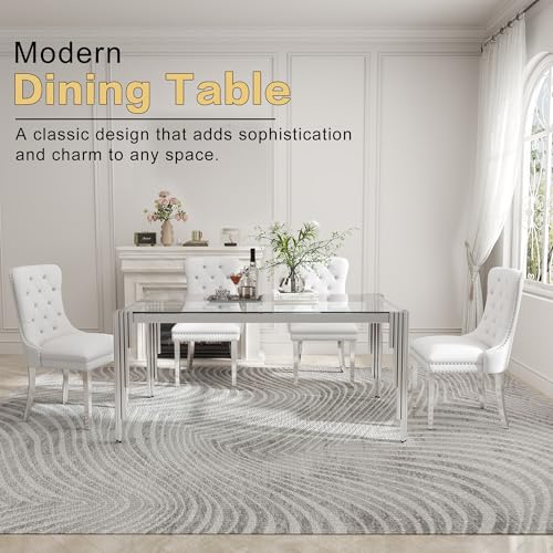 63'' Modern Glass Dining Table for 4 (Silver-clear / Rectangle-62.99" L x 35.43" W x 29.53" H)