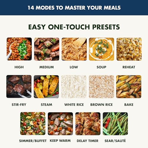 Elite 14-in-1 Nonstick 6QT Electric Slow Cooker, PFAS-Free Ceramic Multi-Cooker, In-Pot Browning, Dishwasher Safe Lid & Removable Crock, Stainless Steel Steamer, Silicone Handles, Oxford Blue (6 Quarts / Oxford Blue)