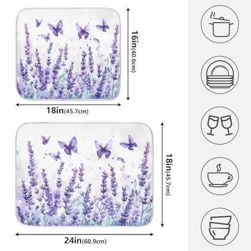 Purple Lavender Spring Summer Flower Floral Dish Drying Mat for Kitchen Counter Absorbent Microfiber Large Drying Pad Dish Mats for Kitchen Countertops 18 x 24 Inch (24" x 18")