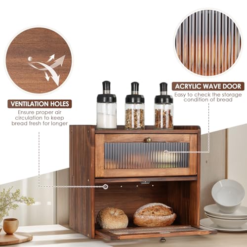 Bread Box for Kitchen Countertop Wooden Bread Storage Container Bin 2 Layer Breadbox Holder Large Capacity Keeper Vintage Farmhouse Food Organizer Pantry Shelf Acrylic Window（Black） (Black)
