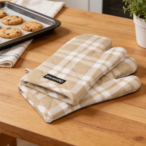 Oven Mitts Heat Resistant Kitchen Gloves (Oven Gloves / Franca Beige Checks)