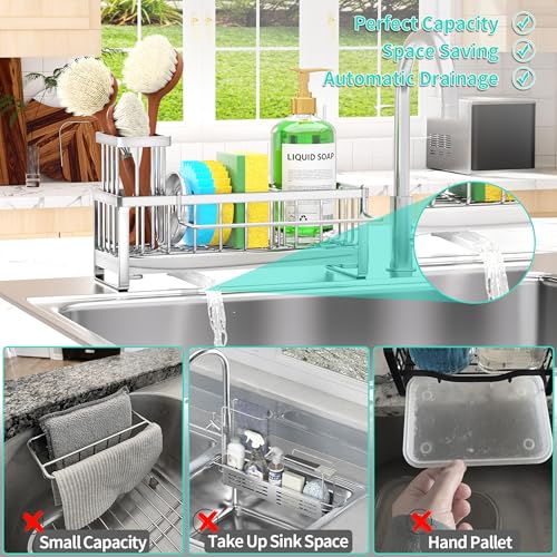 Sponge Holder for Kitchen Sink (Silver / with Dishcloth Holder)