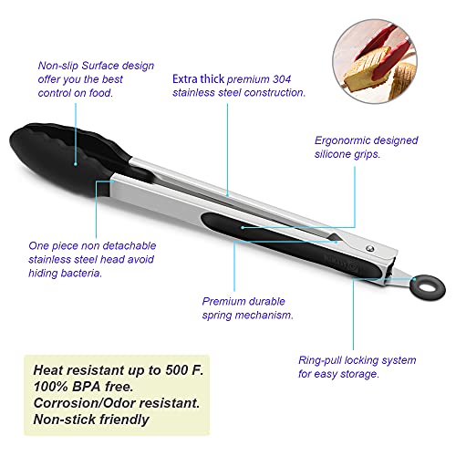 4 Pack Black Silicone Kitchen Tongs Set (Black)