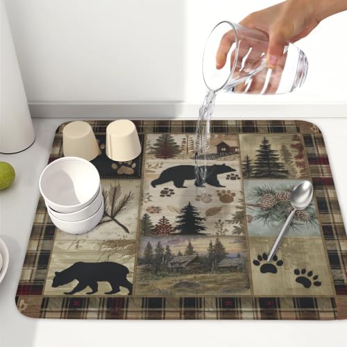 Black Bear Dish Drying Mat Forest Cabin Decorative Dishes Pad 16x18 Inch Absorbent Fast Dry Dish Drainer Rack Mats for Kitchen Counter Sink (Black Bear / 16" x 16")