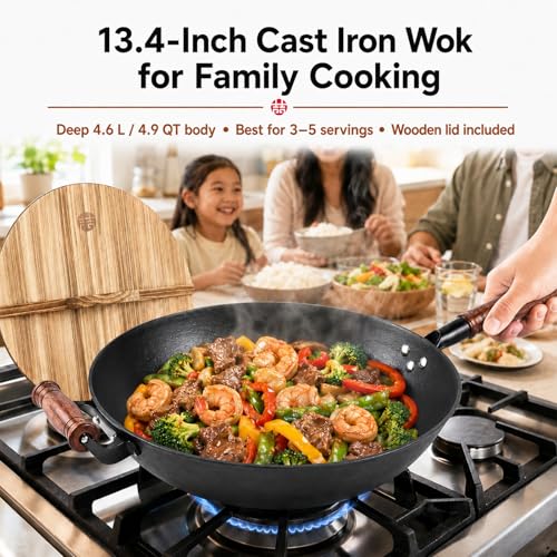 Cast Iron Wok Pan with Wooden Lid (13.4 Inch)