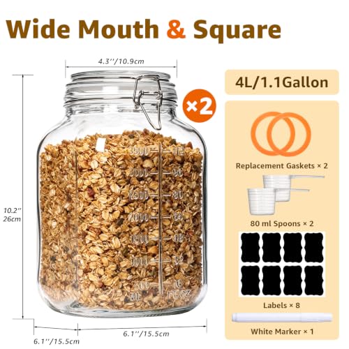 Large Square Glass Jars with Airtight Lids 1.1 Gallon Wide Mouth (Clear 1.1 Gal Square - 2 sets)