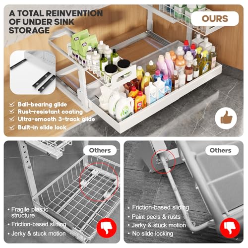 1 Pack-19"-32"W Expandable Under Sink Organizer With Upgrade Ball-Bearing Slide,2-Tier Pull Out Under Cabinet Organizer Height Adjustable,Not Suitable For Cabinets With Partitions In The Middle (1 Pack-19"-32"W / White)