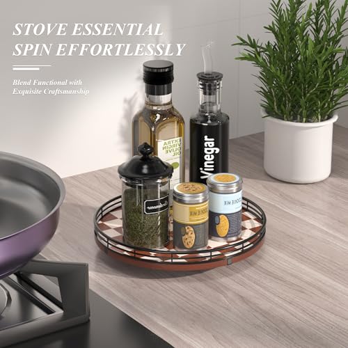 10 Inch Brown Checkerboard Lazy Susan Organizer with Black Metal Rail (Brown & White / 10 inches)