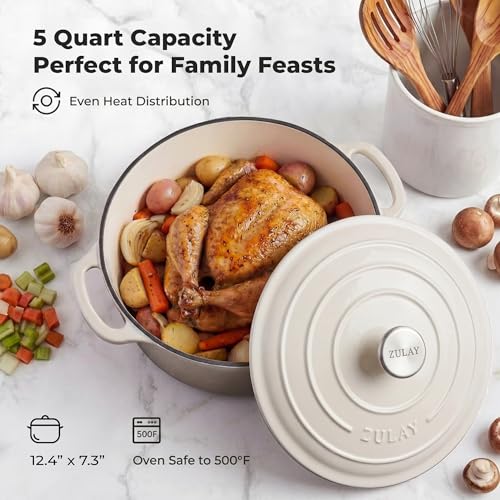 5 Quart Enameled Cast Iron Dutch Oven Pot with Lid (White / 5 Quart)