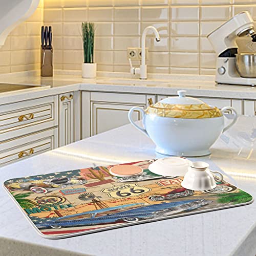 Super Absorbent Dish Drying Mat (Retro Route 66 Poster / 18" x 24")