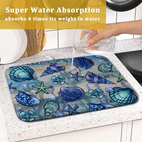 Starfish Seashell Dish Drying Mat 16x18 inch Coastal Beach Dish Drainer Rack Pad Absorbent Microfiber Fast Dry Kitchen Counter Accessories (Starfish Seashell / 16" x 18")
