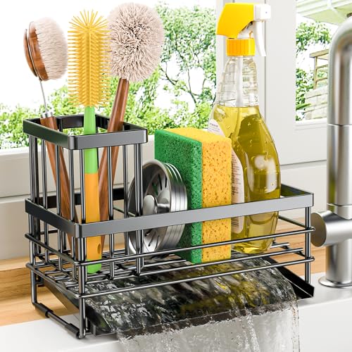 Sink Caddy Sponge Holder for Kitchen with Brush Holder and Stainless Steel Self Drain Tray (8.26'' / Black)