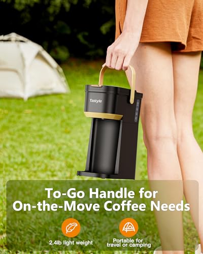Mini Single Serve Coffee Maker for K Cups and Grounds with Handle (Black and Gold)