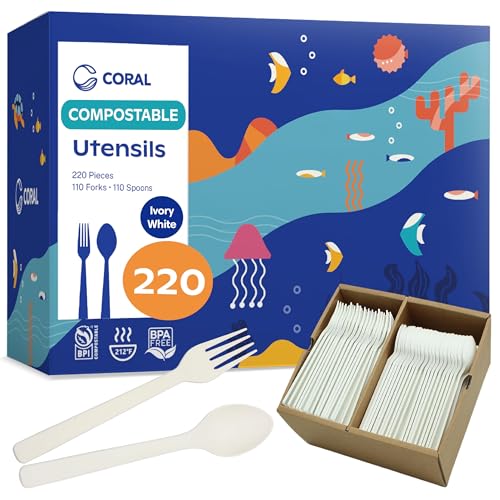 Ivory White Compostable Heavy Duty Spoons & Forks Set 220 Pieces Bulk
