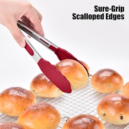 Kitchen Tongs with Silicone Tips for Cooking Serving (9in / Red)