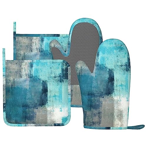 Modern Art Abstract Gery Turquoise Oven Mitts and Pot Holders Sets Silicone Turquoise Kitchen Mitts Potholders Heat Resistant 4Pcs Teal Oven Gloves Hot Pads for Kitchen Baking Cooking BBQ (Teal Abstract)