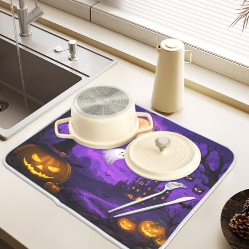 Halloween Scary Night Pumpkin Lanterns Purple Castle Dish Drying Mat for Kitchen Counter Absorbent Microfiber Large Drying Pad Dish mats for Kitchen Countertops 18 x 24 Inch (Halloween Scary Night / 24" x 18")