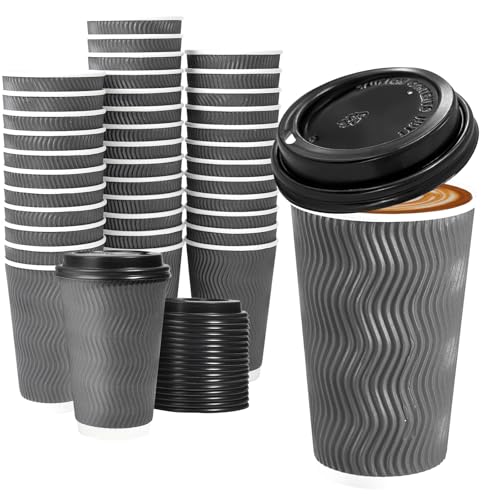 50 Pack 16 oz Insulated Disposable Coffee Cups with Lids (Gray / 16OZ-50Pack)
