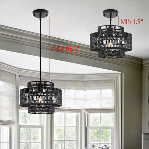 12.4" Black Rattan Pendant Light for Kitchen (Black / 12.4" 1-Light)