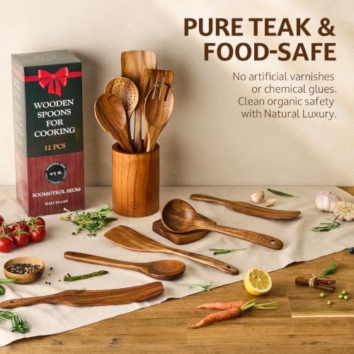 12 Piece Teak Wood Cooking Utensil Set With Holder (12 PCS Set)