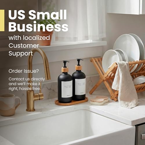 Glass Dish Soap Dispenser for Kitchen Set of 2 (Black Bottles/Black Bamboo Pumps)