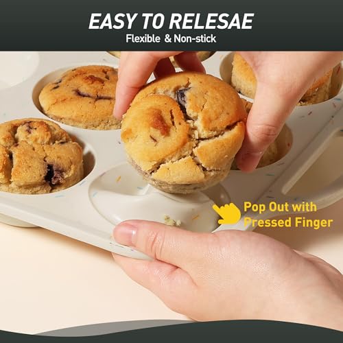 2 Packs 12 Cups Silicone Muffin Pan for Baking with Metal Reinforced Frame Regular Size Cupcake Pan Tray Chocolate Egg Pizza Bites Oven Top Cookie Molds Muffin Tin Tart Pans Sheet Set Bakeware Liner (Regular / Cream)